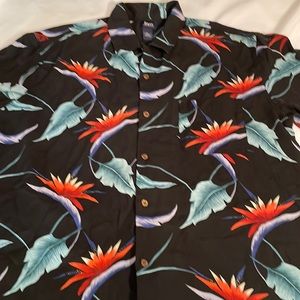 G H Bass Mens XL Silk‎ Hawaiian Shirt Black Orange Green flowers 100% Silk
